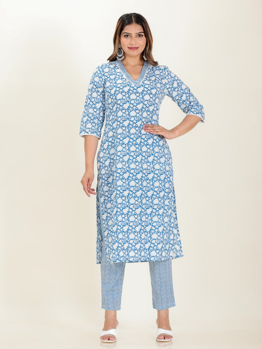 Soft Cotton Floral Straight Blue Kurta