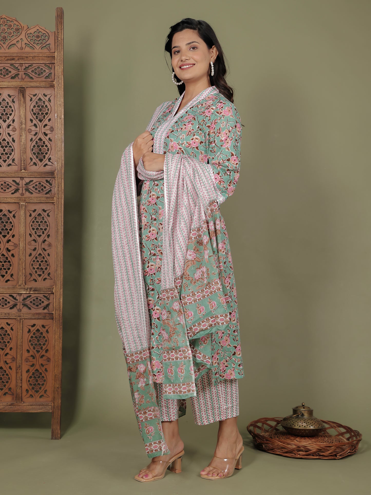 Voile Cotton Floral Green Dupatta