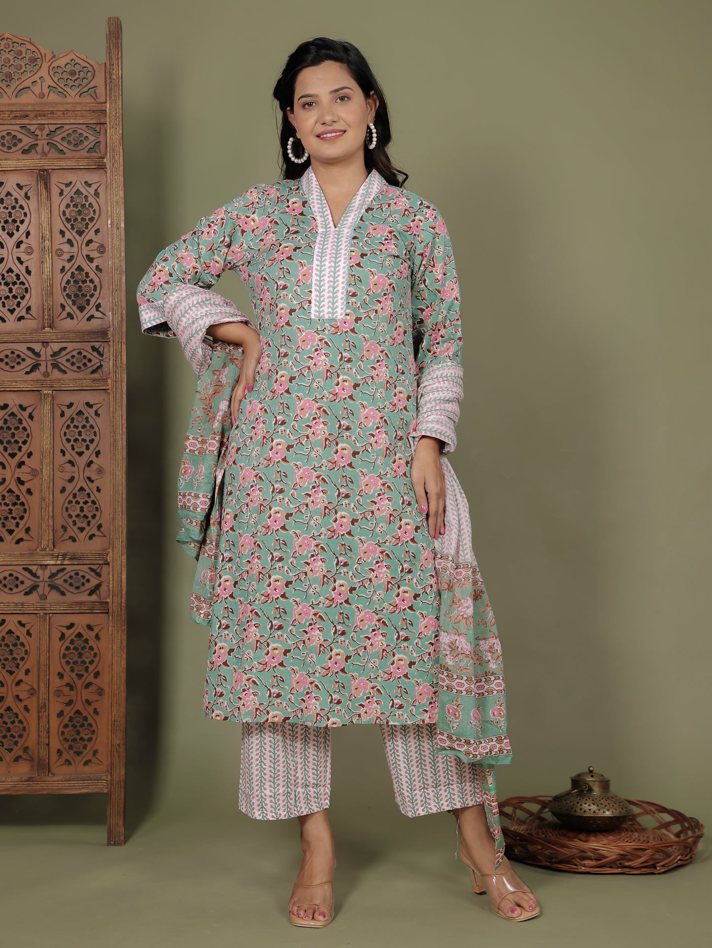 Voile Cotton Floral Green Dupatta