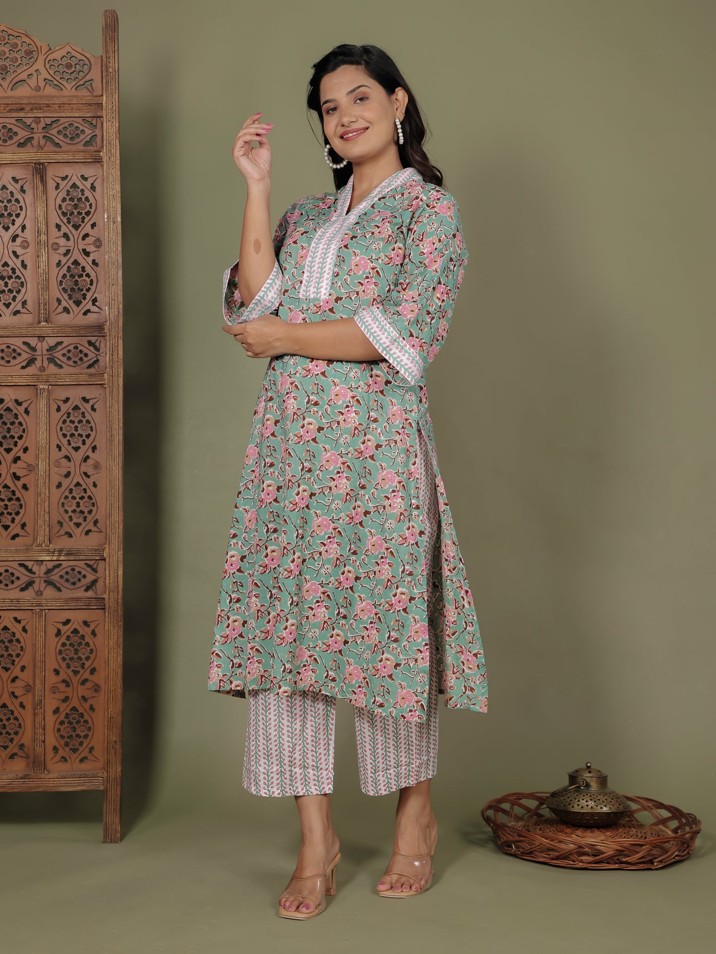 Soft Cotton Floral A-line Green Kurta