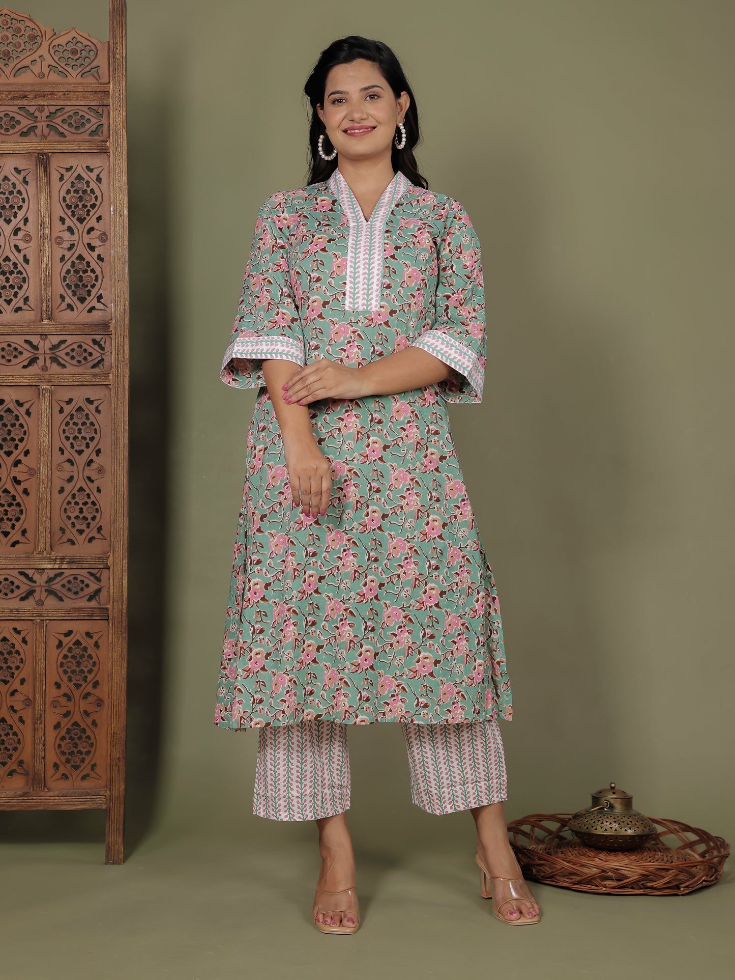 Soft Cotton Floral A-line Green Kurta