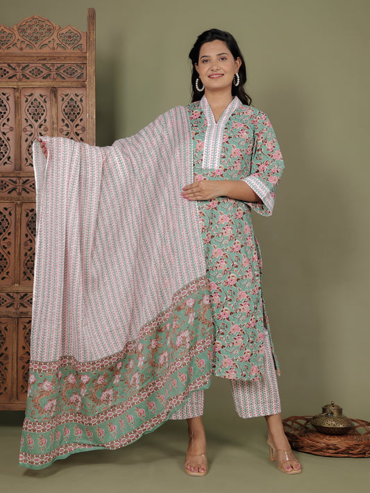Soft Cotton Floral A-line Green Kurta