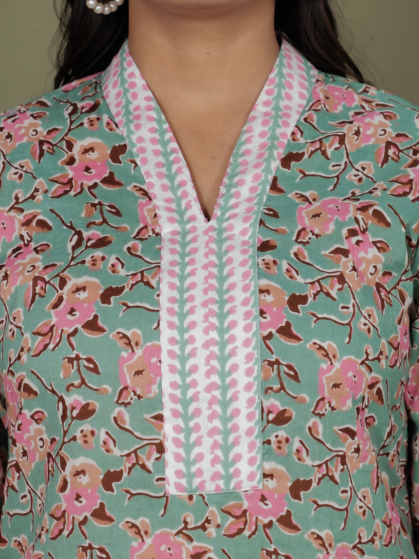 Soft Cotton Floral A-line Green Kurta