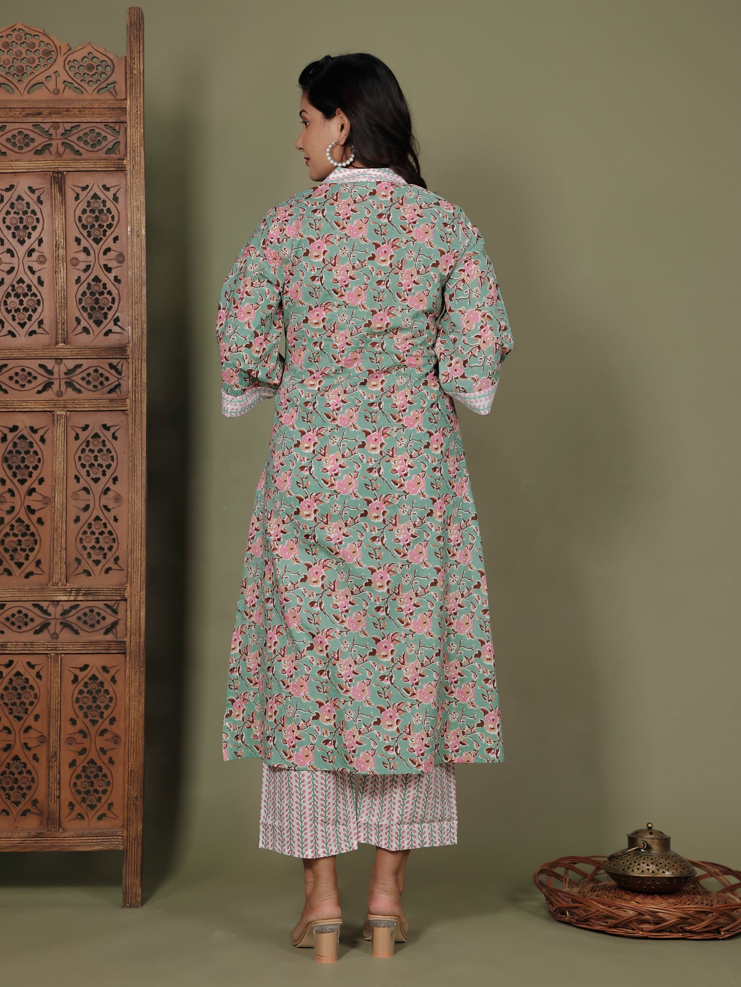 Soft Cotton Floral A-line Green Kurta