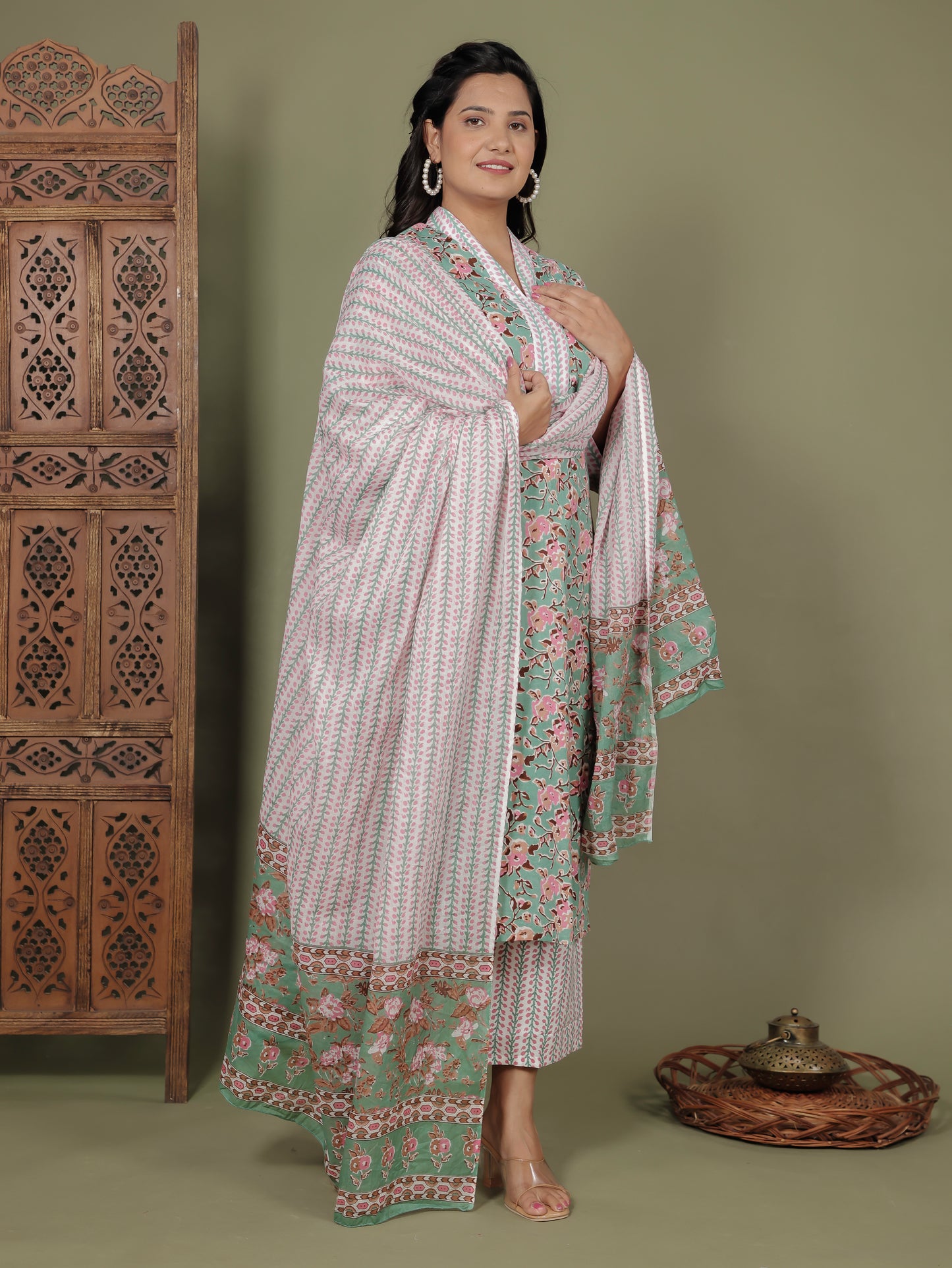 Soft Cotton Floral A-line Green Kurta