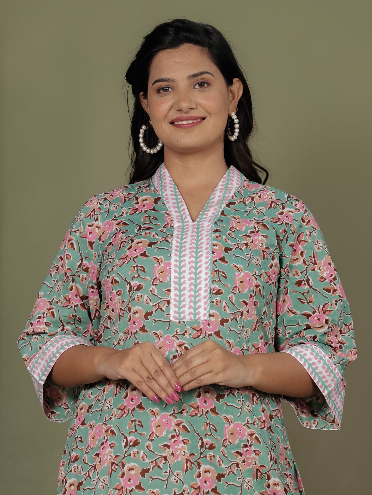 Soft Cotton Floral A-line Green Kurta
