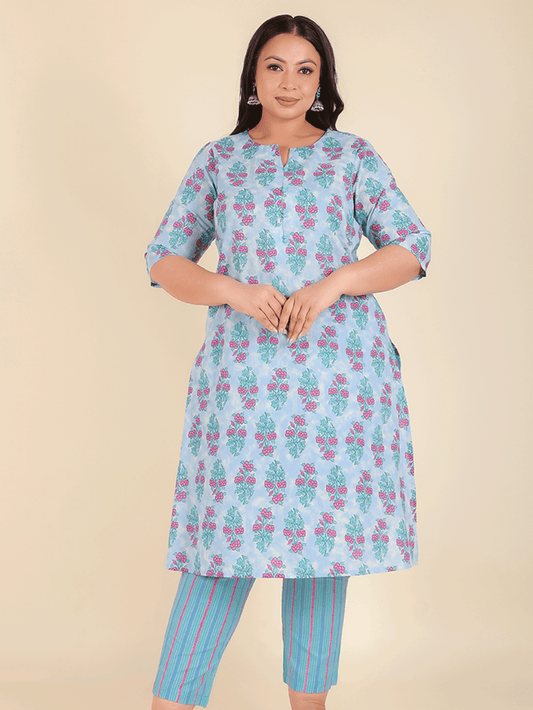 Soft Cotton Floral A-line Blue Kurta