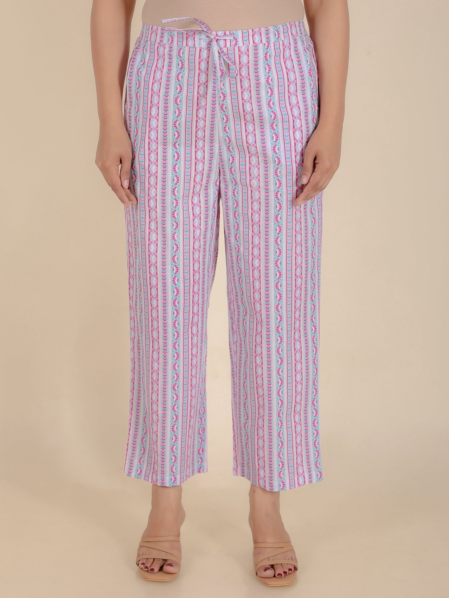 Soft Cotton Striped Pink Straight Trousers