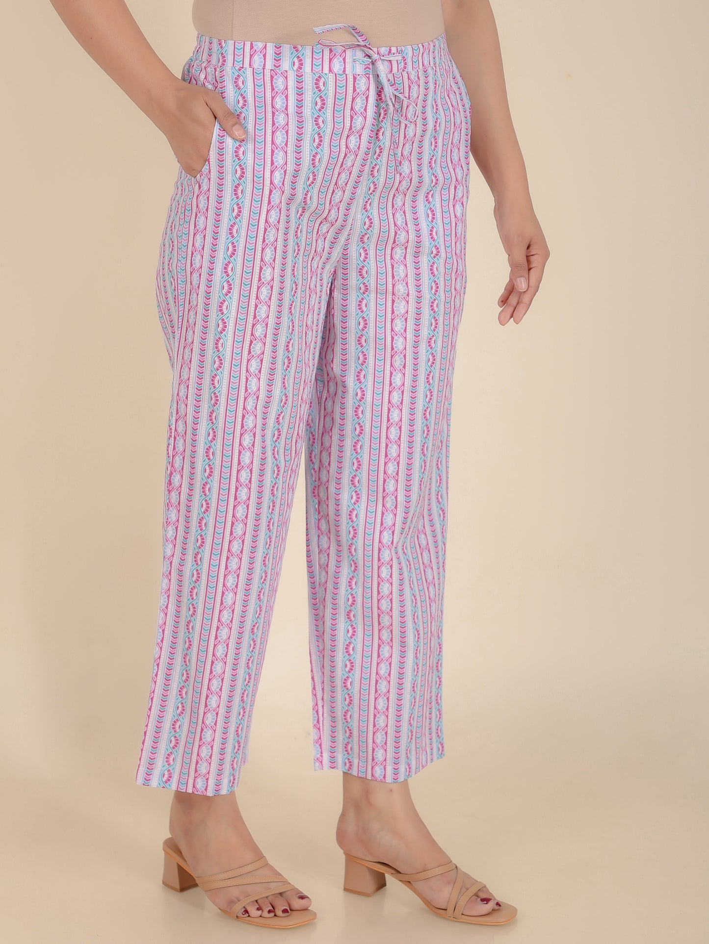 Soft Cotton Striped Pink Straight Trousers