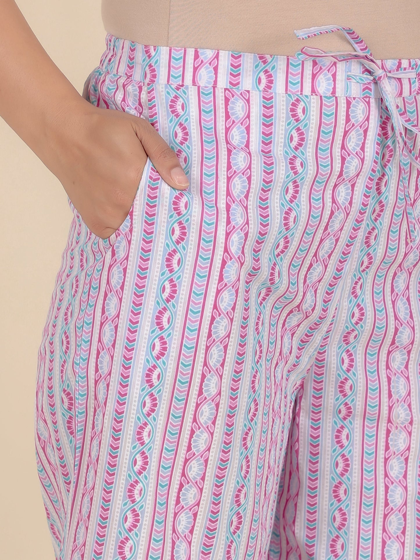 Soft Cotton Striped Pink Straight Trousers