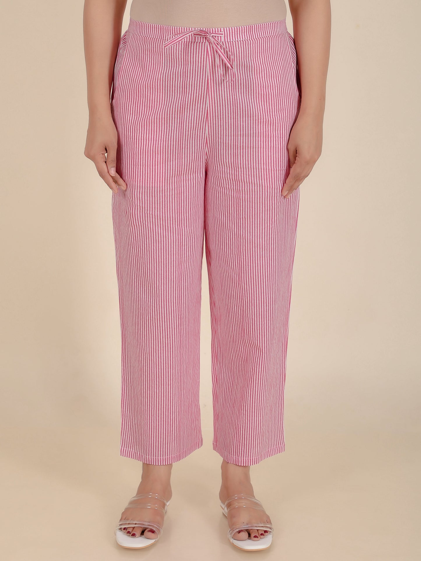 Soft Cotton Striped Pink Straight Trousers