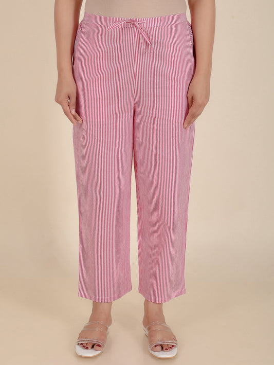 Soft Cotton Striped Pink Straight Trousers