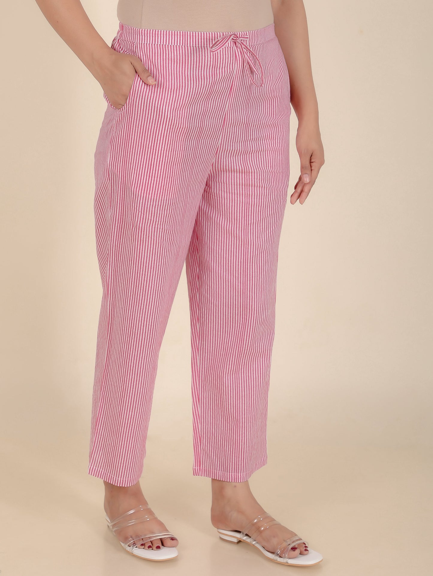Soft Cotton Striped Pink Straight Trousers