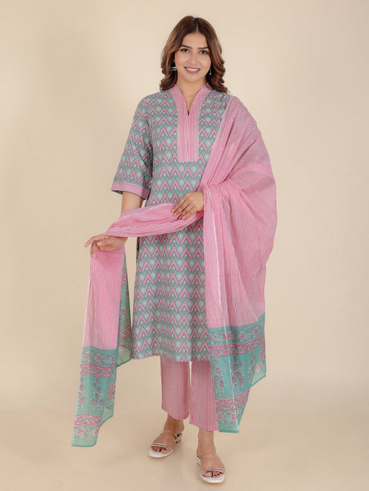 Soft Cotton Chevron Straight Green Kurta