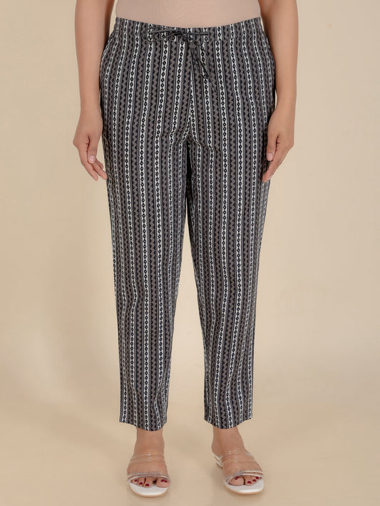Kantha Cotton Striped Black Tapered Trousers