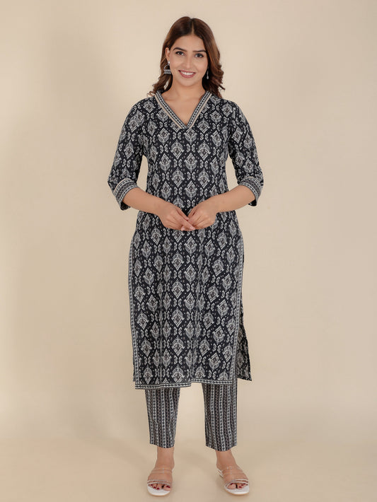 Kantha Cotton Ikat Straight Black Kurta