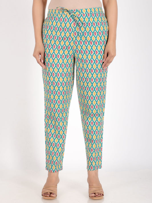 Linen Cotton Ikat Green Tapered Trousers