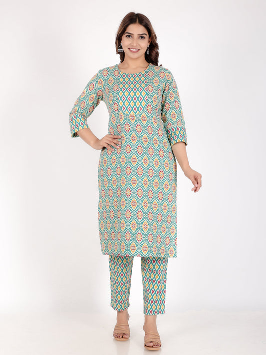 Linen Cotton Ikat Straight Green Kurta