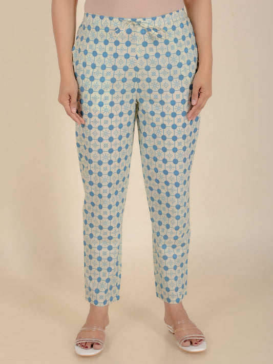 Soft Cotton Geometric White Tapered Trousers