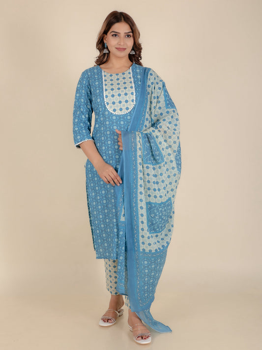 Soft Cotton Geometric Straight Blue Kurta