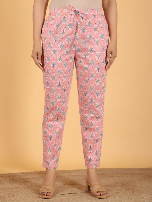 Soft Cotton Ikat Pink Tapered Trousers