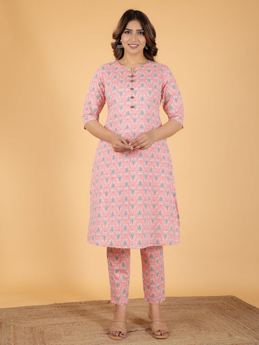 Soft Cotton Ikat A-line Pink Kurta