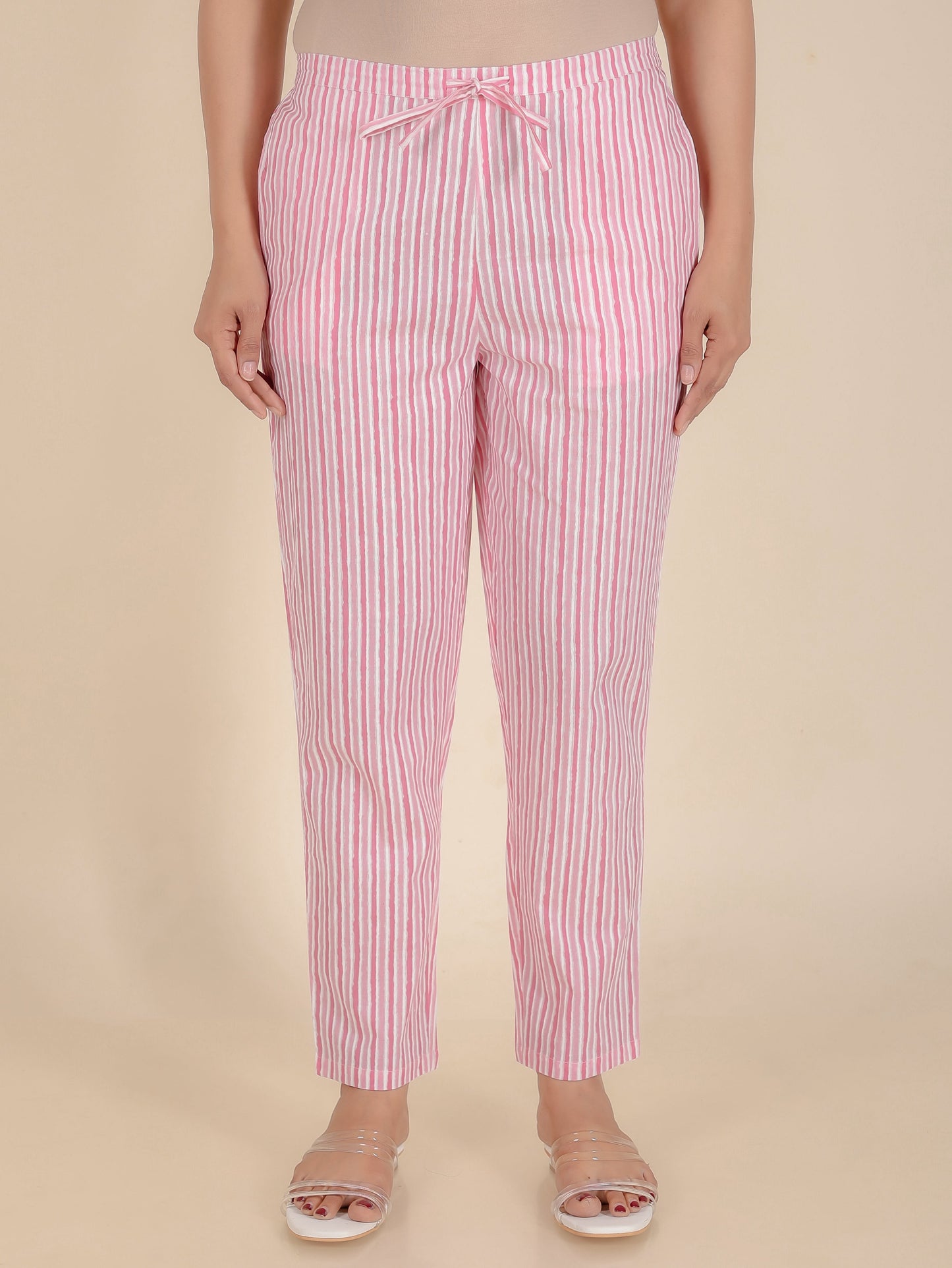 Soft Cotton Striped Pink Tapered Trousers