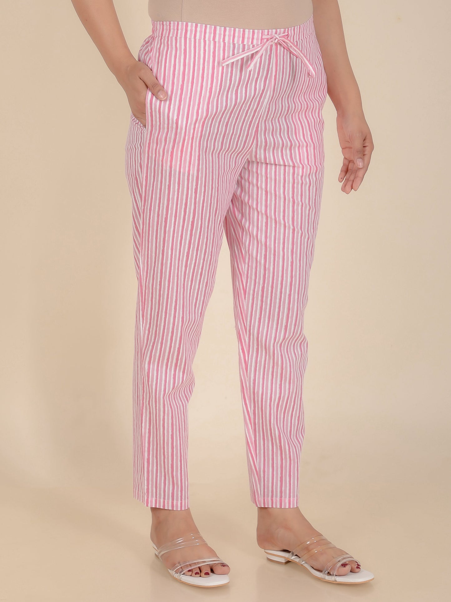 Soft Cotton Striped Pink Tapered Trousers