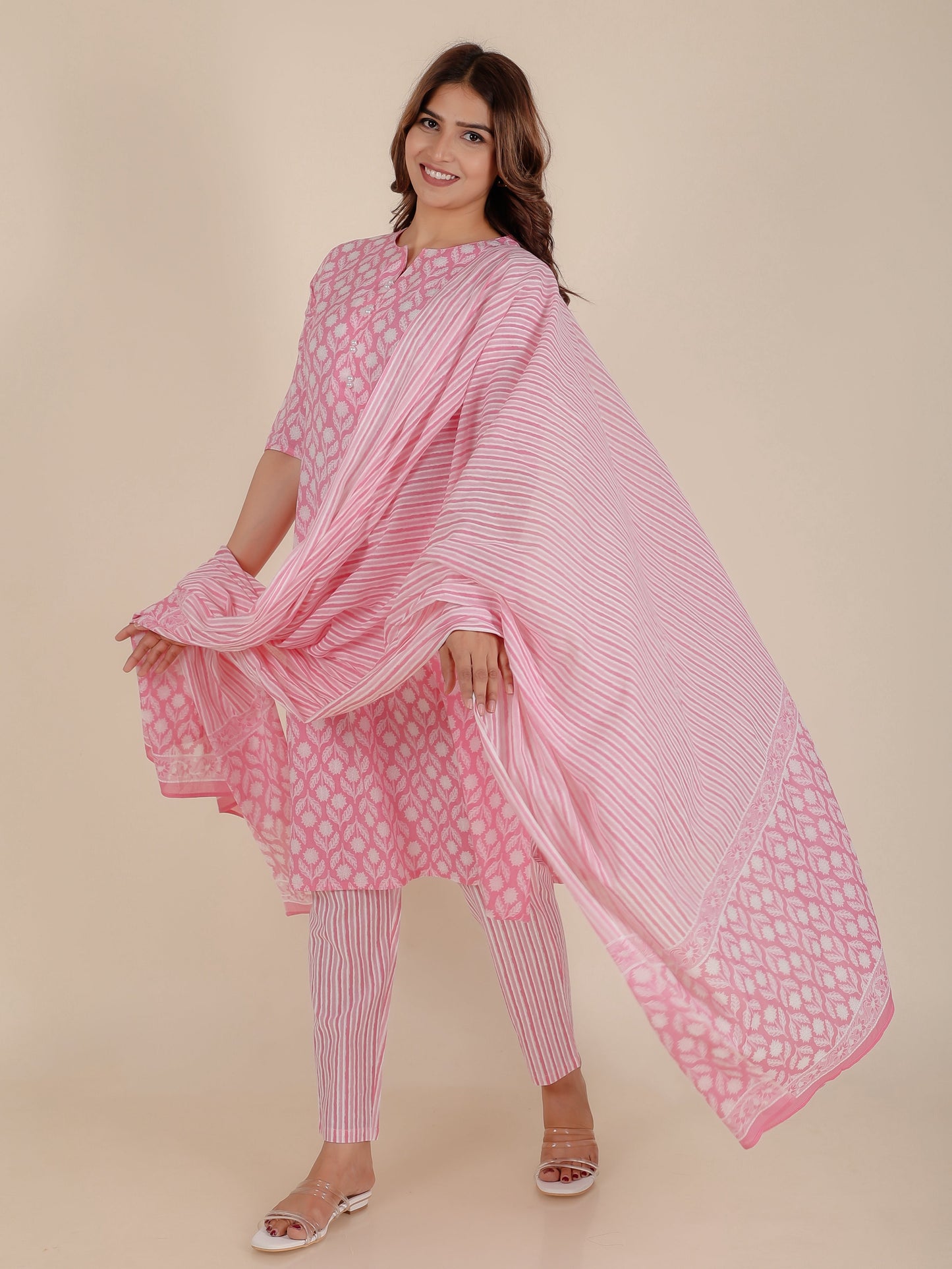 Soft Cotton Floral A-line Pink Kurta