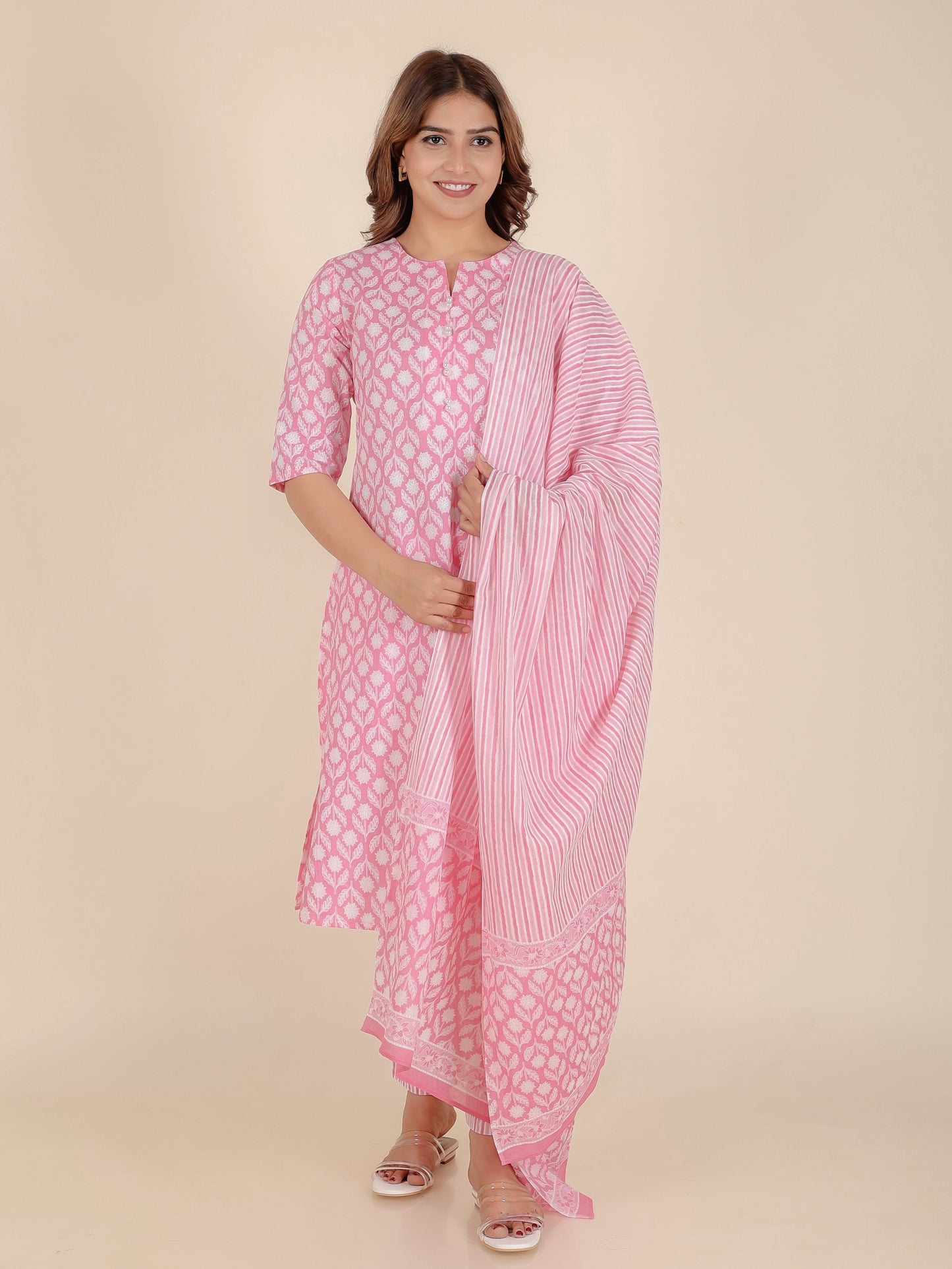 Soft Cotton Floral A-line Pink Kurta