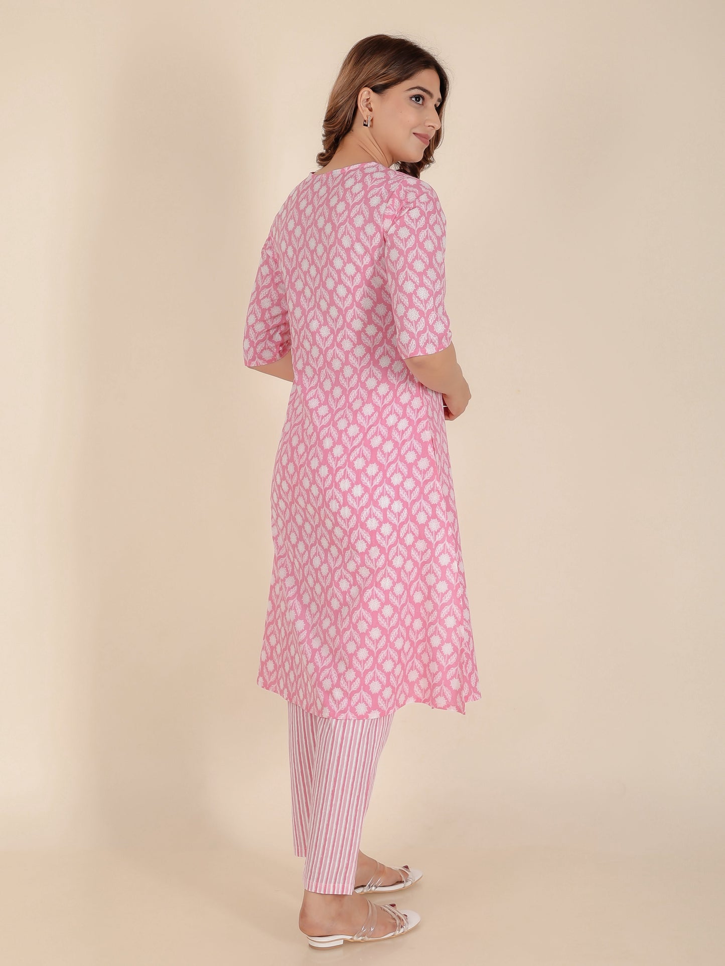 Soft Cotton Floral A-line Pink Kurta
