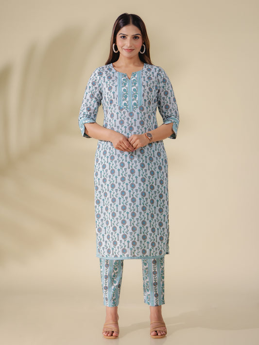 Soft Cotton Floral Straight Green Kurta