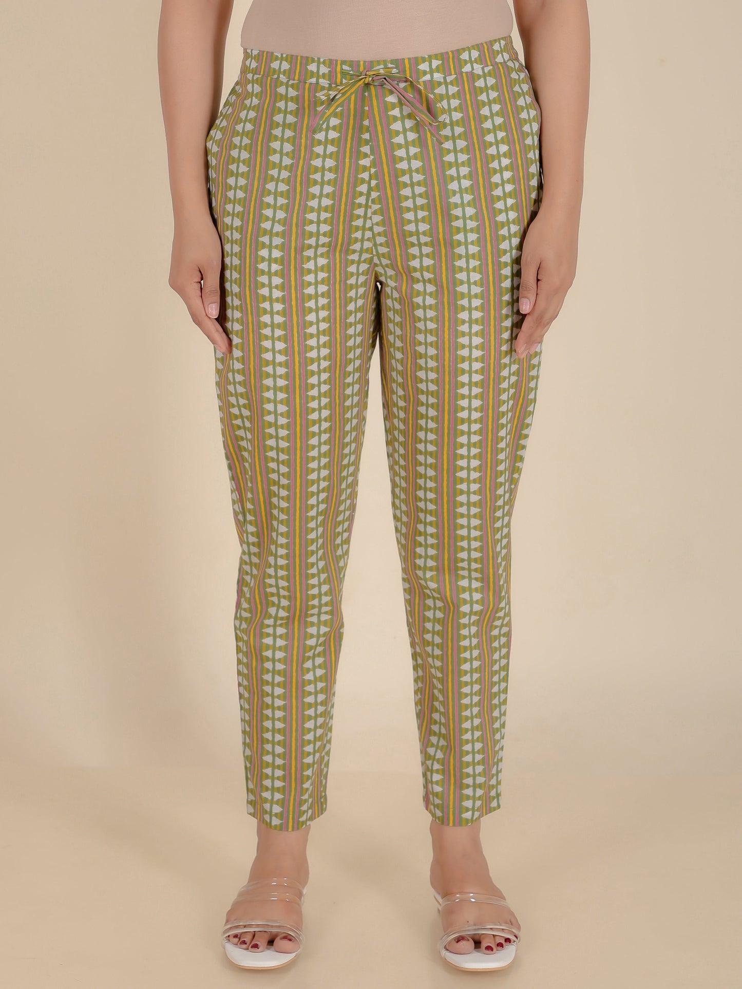 Soft Cotton Striped Green Tapered Trousers