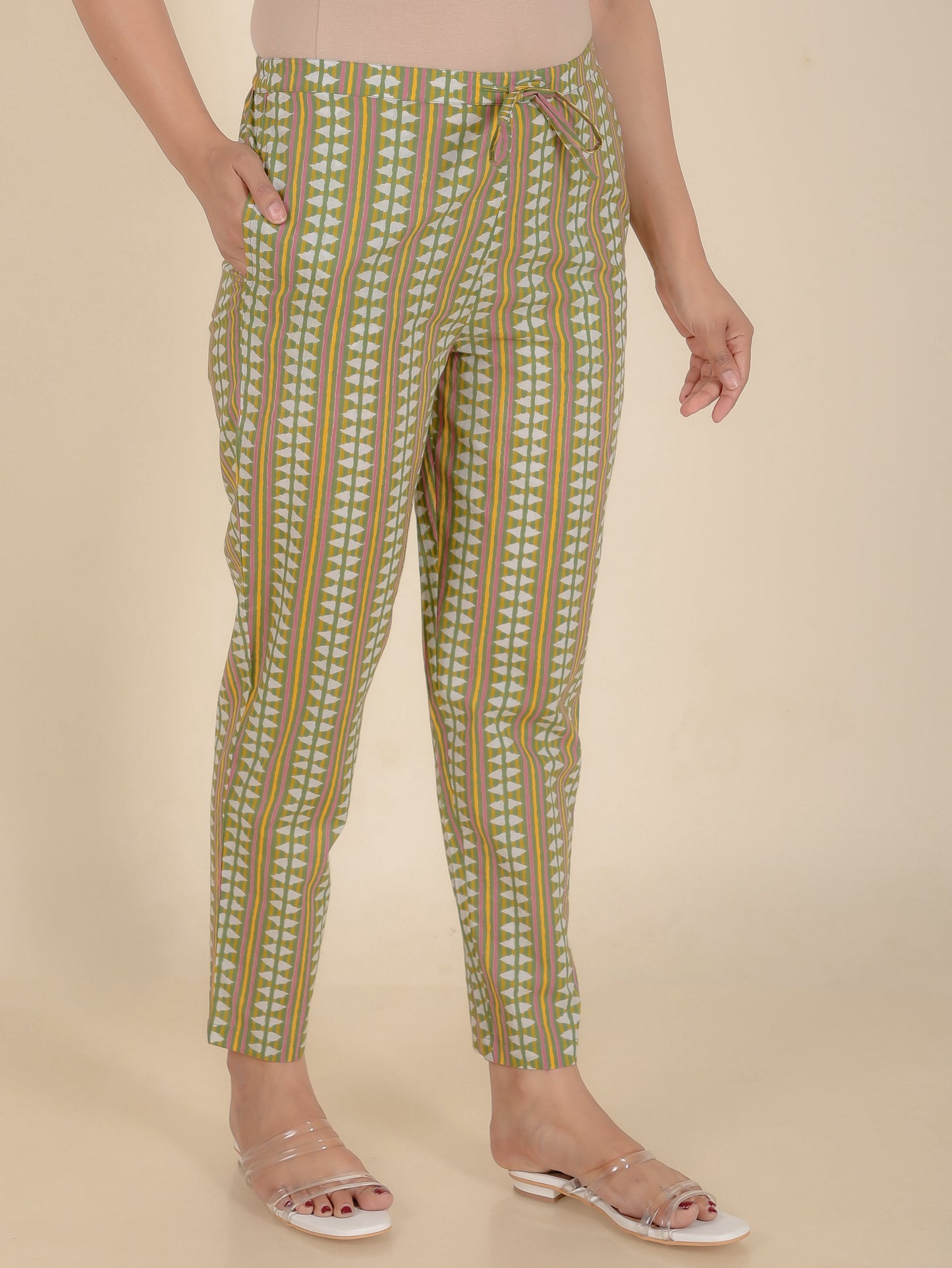 Soft Cotton Striped Green Tapered Trousers