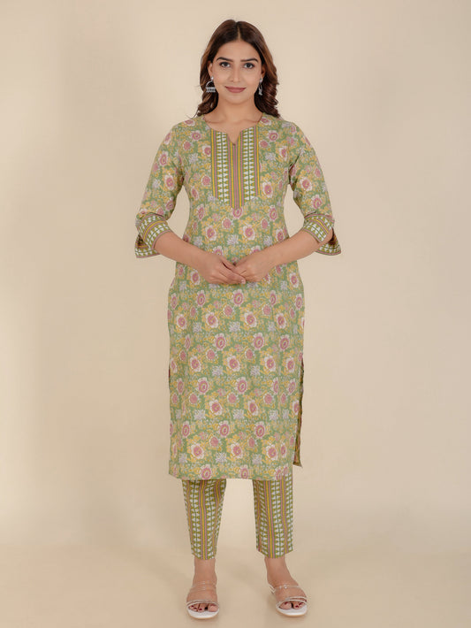 Soft Cotton Floral Straight Green Kurta