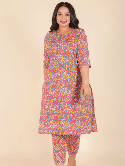 Soft Cotton Floral A-line Pink Kurta
