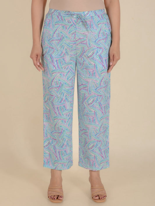 Soft Cotton Abstract Green Straight Trousers