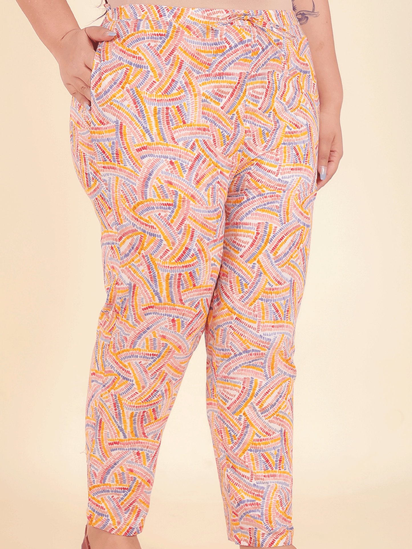 Soft Cotton Abstract Pink Tapered Trousers