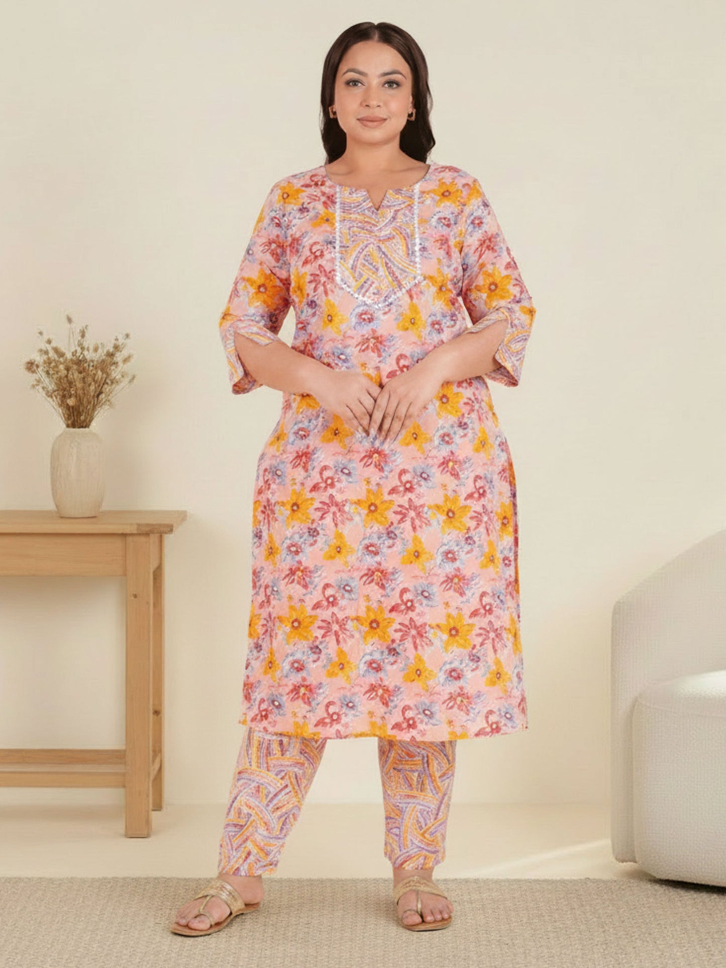 Soft Cotton Floral Straight Pink Kurta