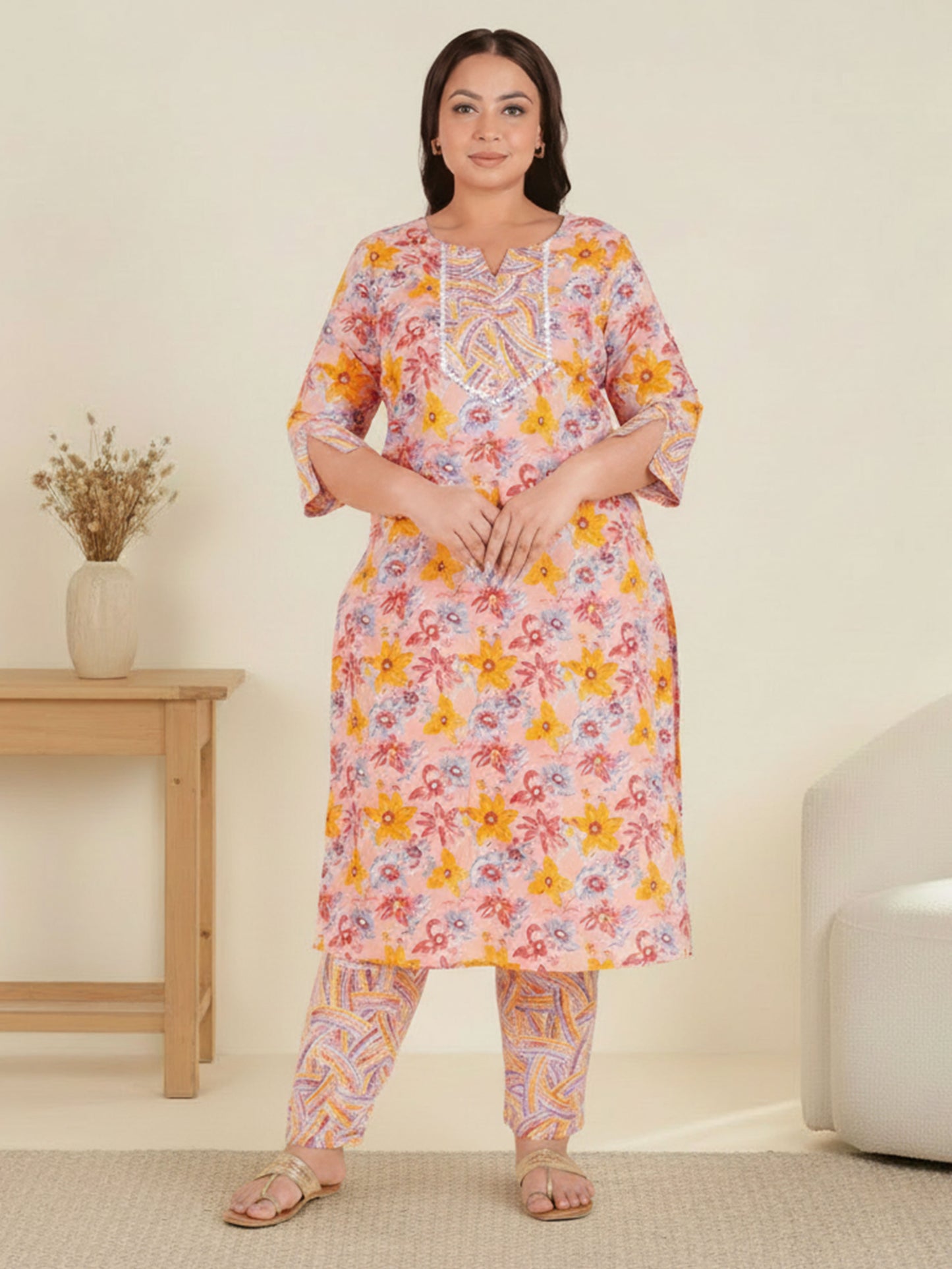 Soft Cotton Floral Straight Pink Kurta