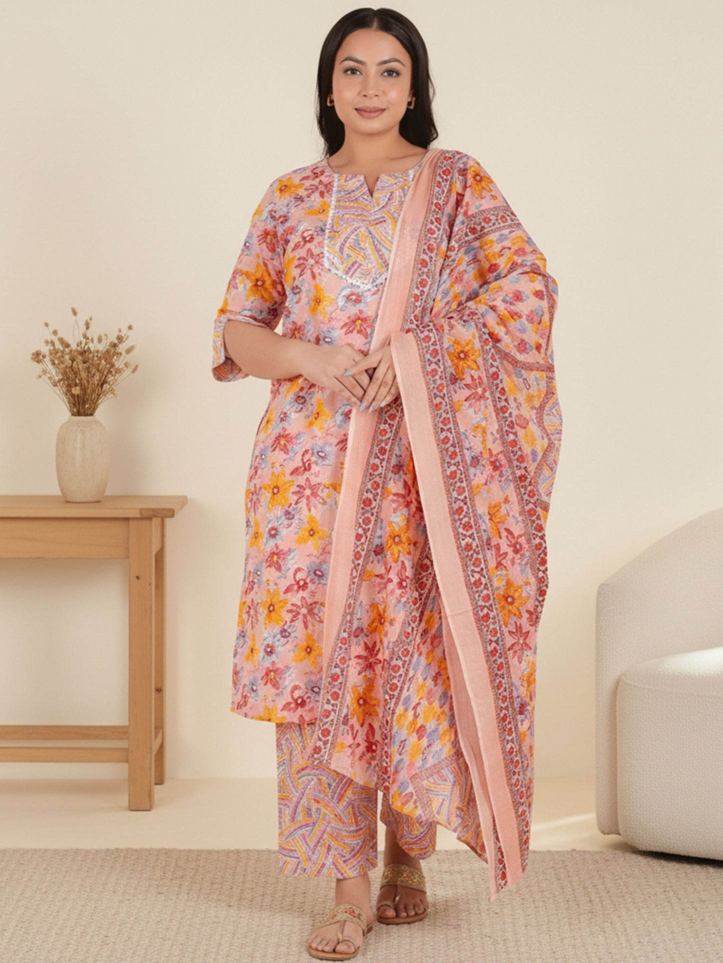 Soft Cotton Floral Straight Pink Kurta