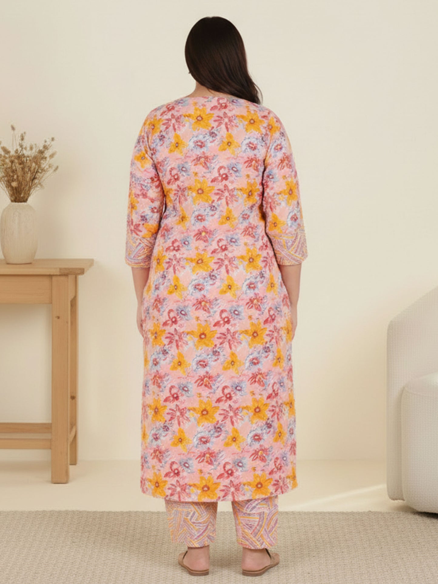 Soft Cotton Floral Straight Pink Kurta