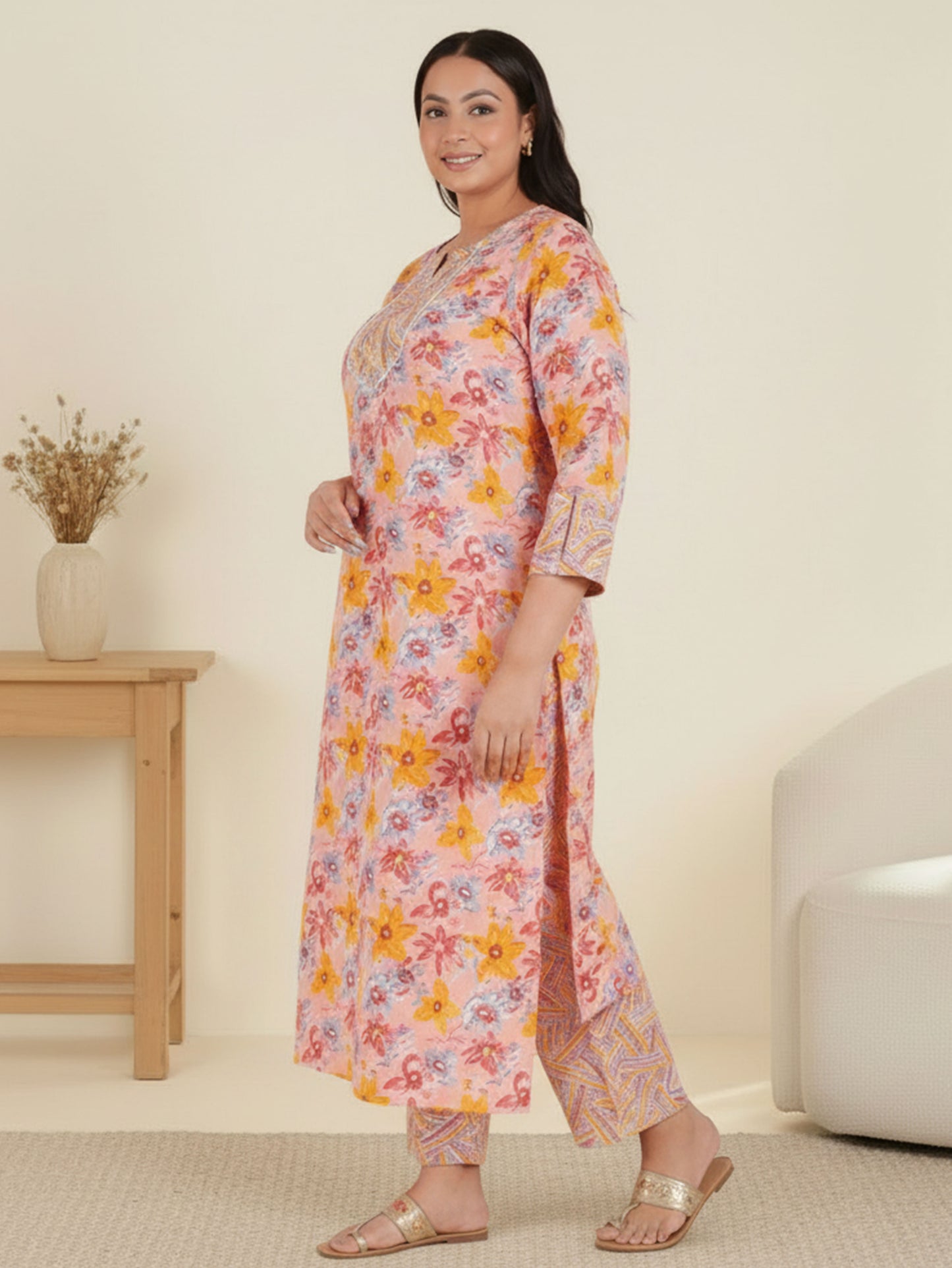 Soft Cotton Floral Straight Pink Kurta