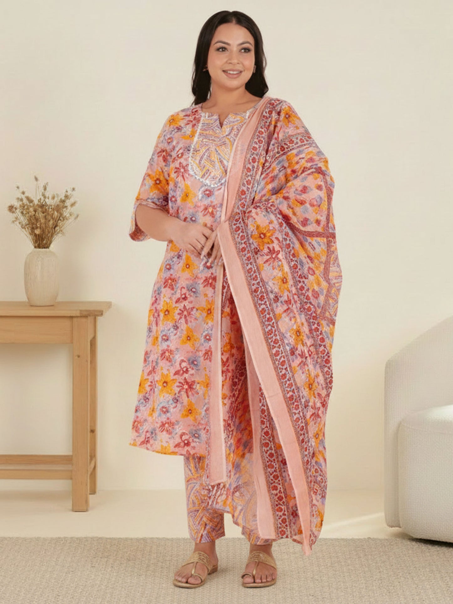 Soft Cotton Floral Straight Pink Kurta