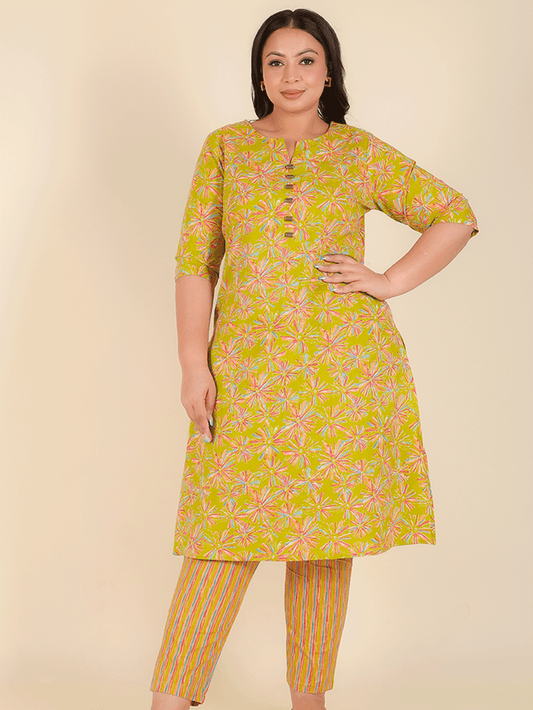 Soft Cotton Floral A-line Green Kurta