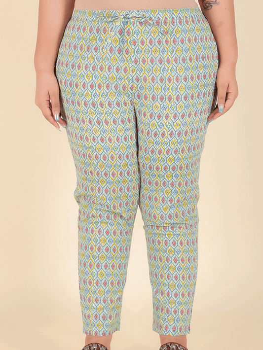 Soft Cotton Geometric Green Tapered Trousers