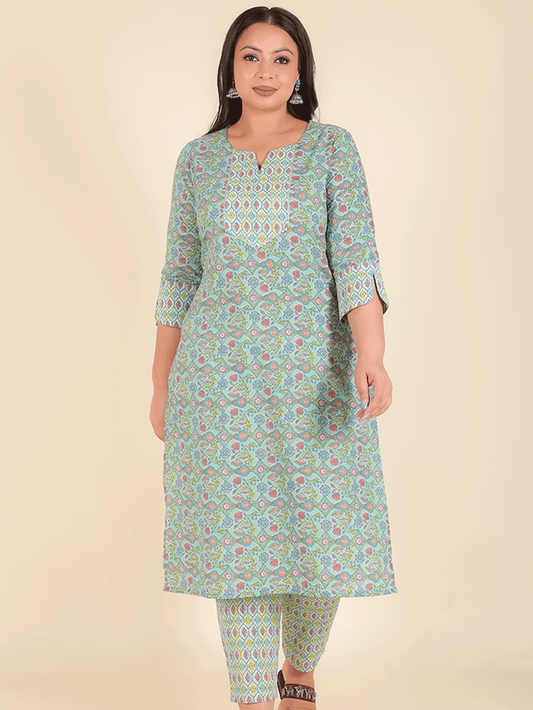 Soft Cotton Floral Straight Green Kurta