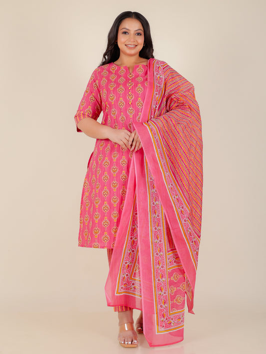 Soft Cotton Floral A-line Pink Kurta