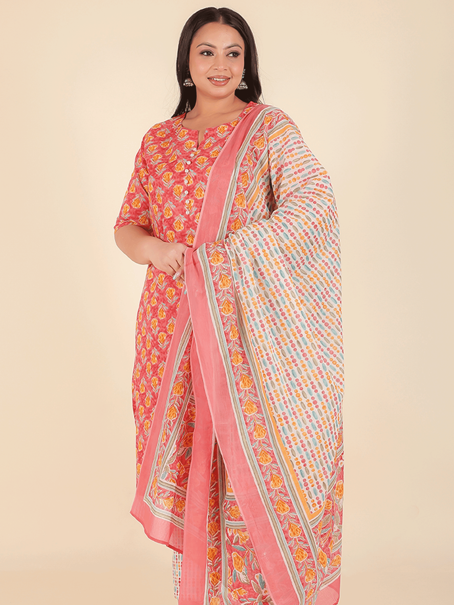 Soft Cotton Floral A-line Peach Kurta