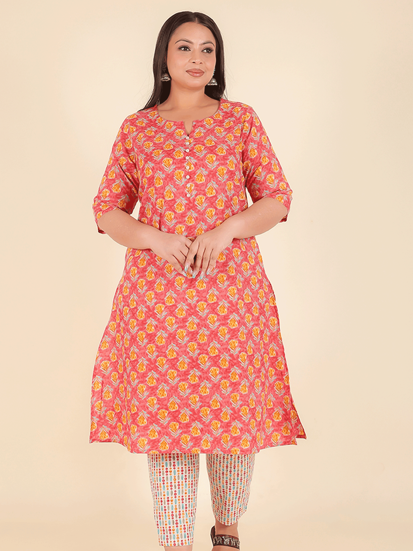 Soft Cotton Floral A-line Peach Kurta